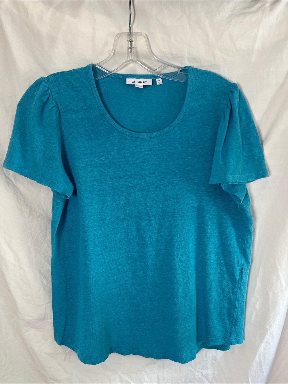 Chico's Teal Puff Sleeve Scoop Neck Linen Tee Size Small